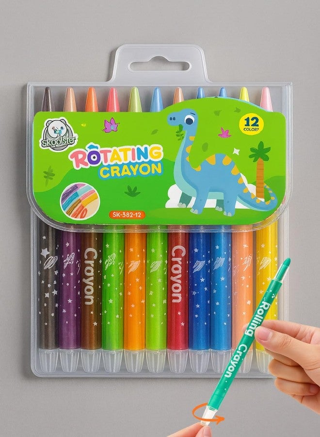Skoolster Rolling Crayon Twistable Color Set | Non-Toxic Wax Crayons for Drawing & Coloring | Easy Grip| Toddlers & Children Bright &, Smooth Japanese Technology (Dino-12, Green) - Image 1